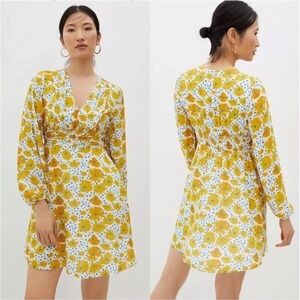 Vera for Anthropologie Buttercup Mini Dress‎ Sz M Retro 60's Yellow Floral Flowy